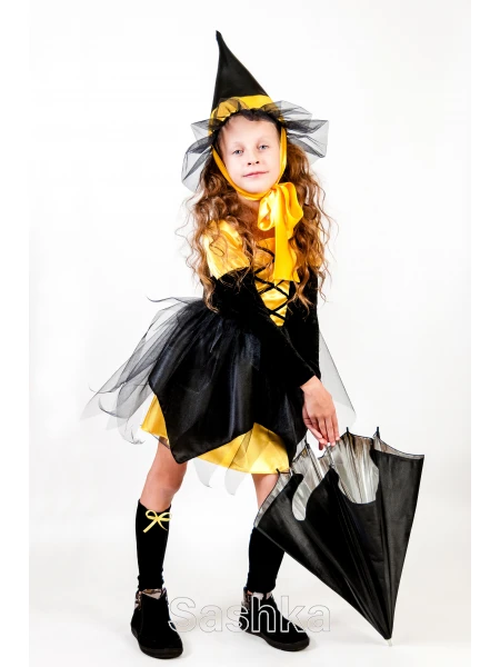 Карнавальний костюм Відьмочка (жовта) для дівчинки на Хелловін, розмір 98-140 Карнавальний костюм Відьмочка (жовта) для дівчинки на Хелловін, розмір 98-140